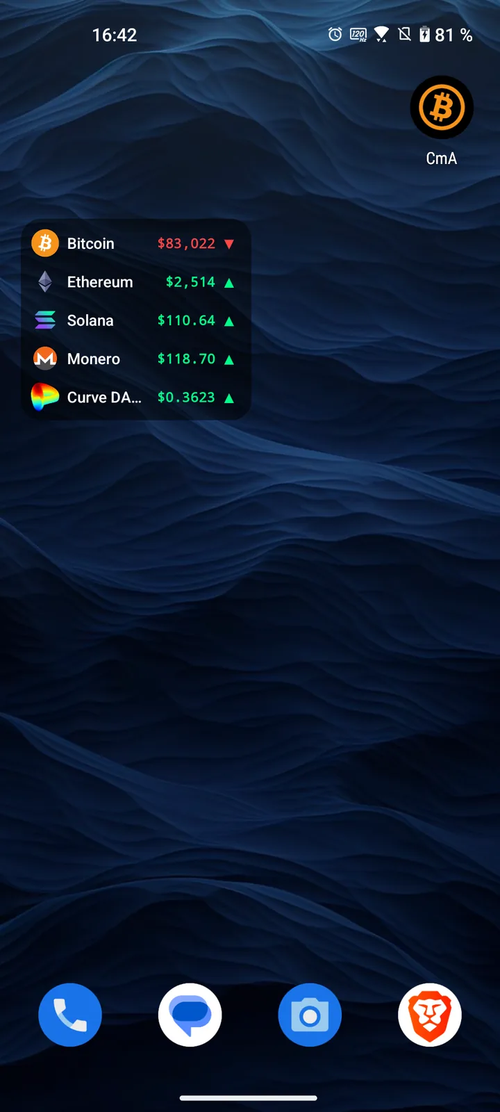 CmA home-screen widget with live prices for a watchlist of coins
