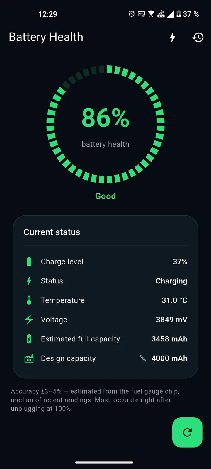 PBH home screen with a battery health ring at 86 percent and the current status
