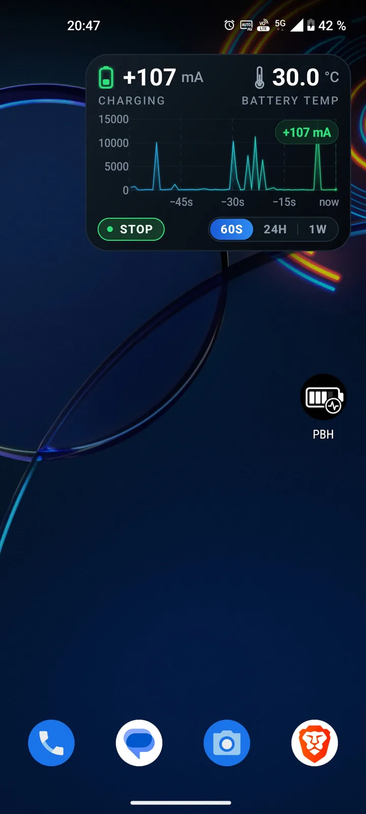 The PBH Pulse home-screen widget with a power draw graph and 60S, 24H and 1W ranges
