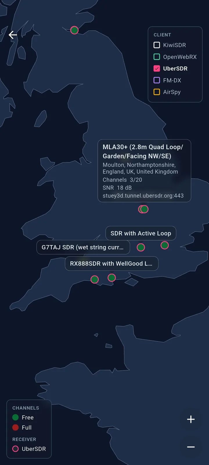 SwR world map zoomed on a Florida receiver cluster