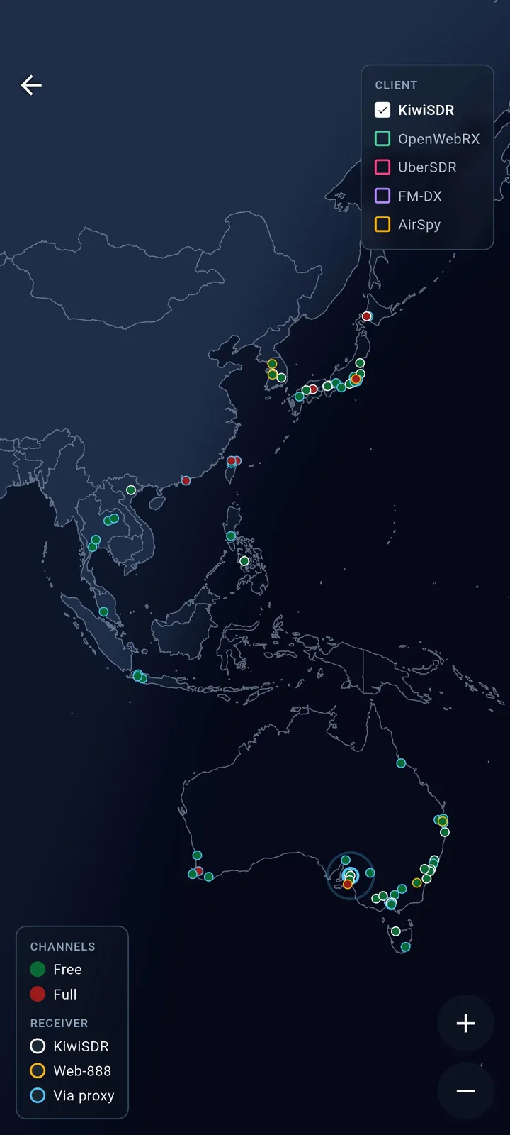 SwR world map of KiwiSDR and Web-888 receivers