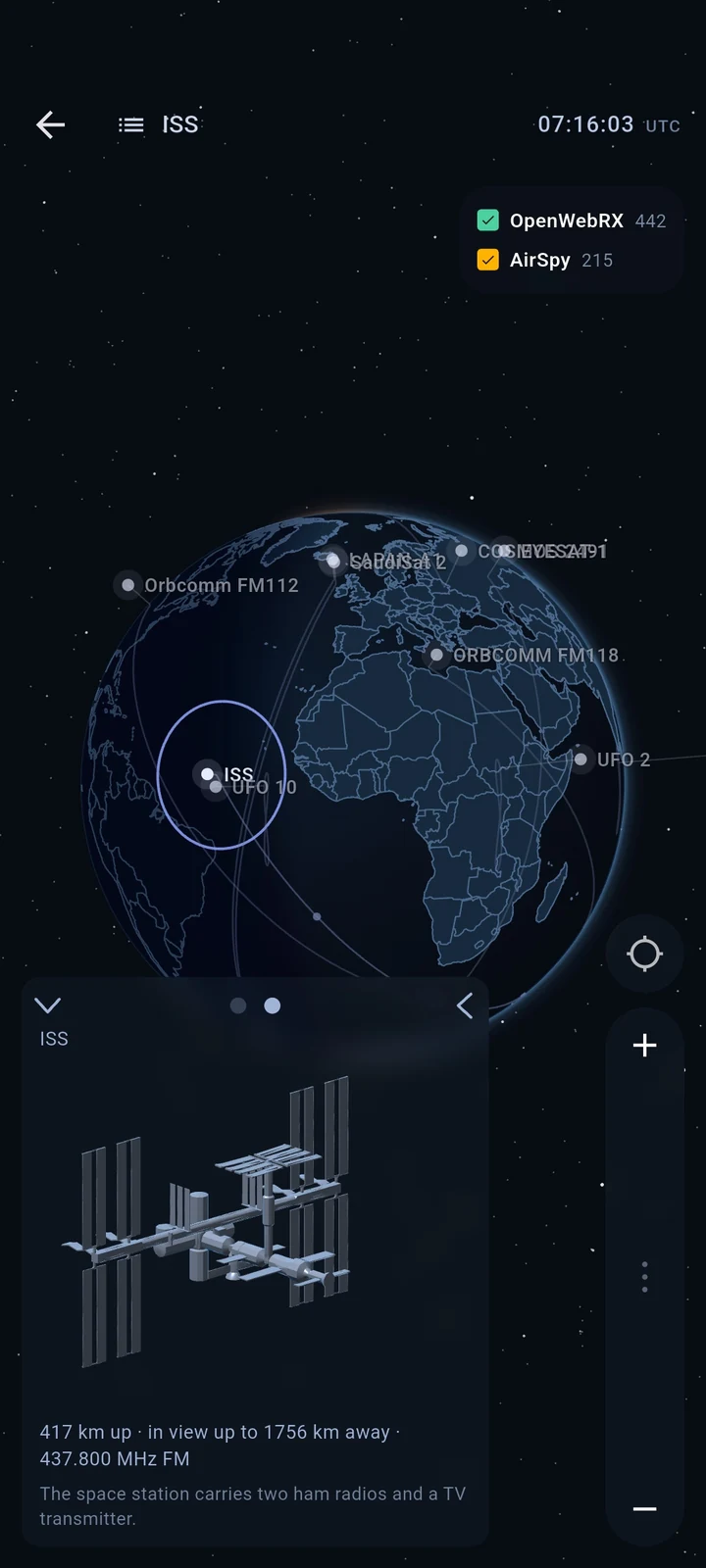 SwR showing the ISS pass with its downlink frequency