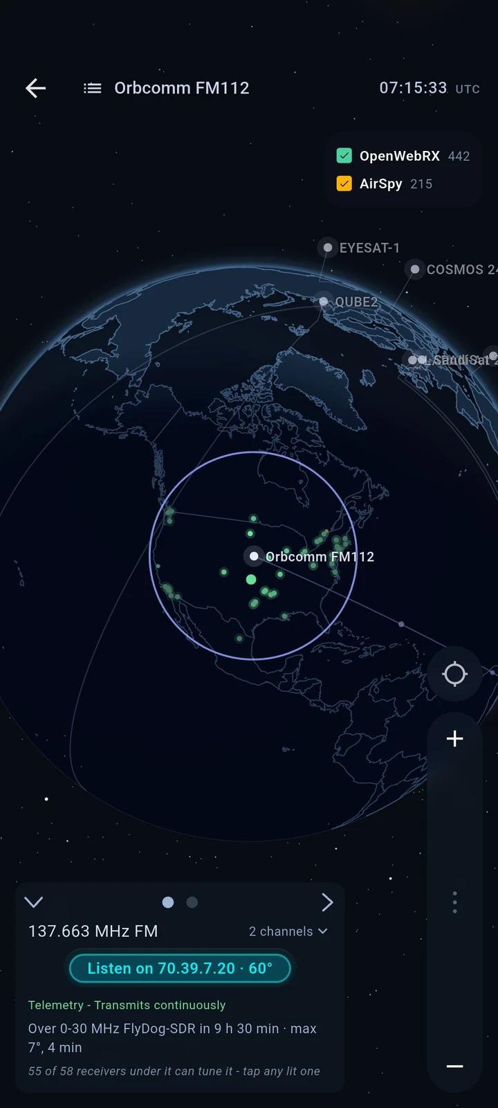 SwR tracking the Orbcomm FM112 satellite with receivers in range